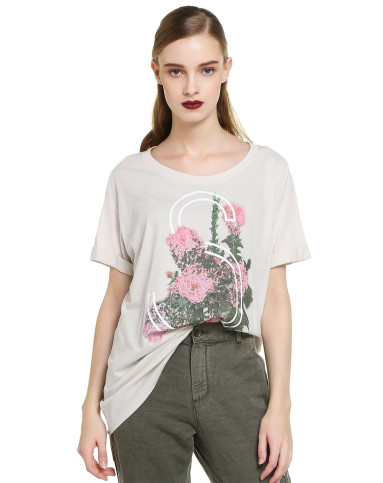 sisley女款米色浪漫印花短袖t恤