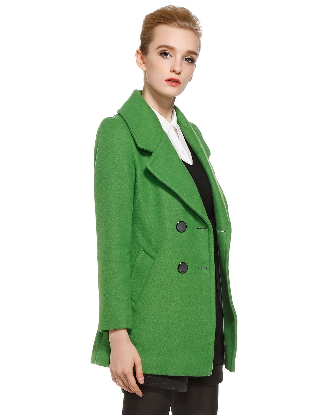 果绿色大翻领双排扣长袖毛呢大衣
