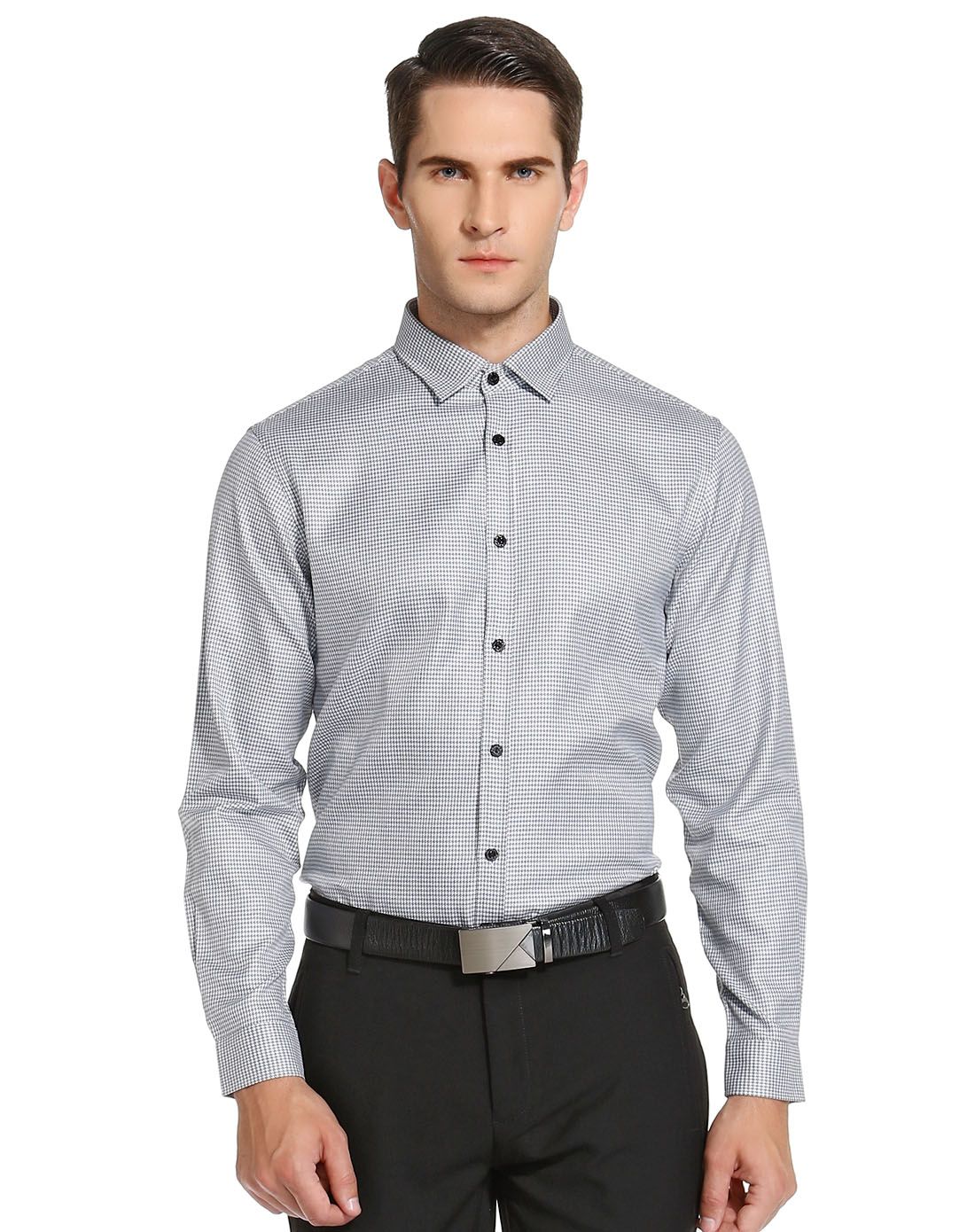 威斯康尼vskonne灰色千鸟纹时尚长袖衬衫912822744602_唯品会