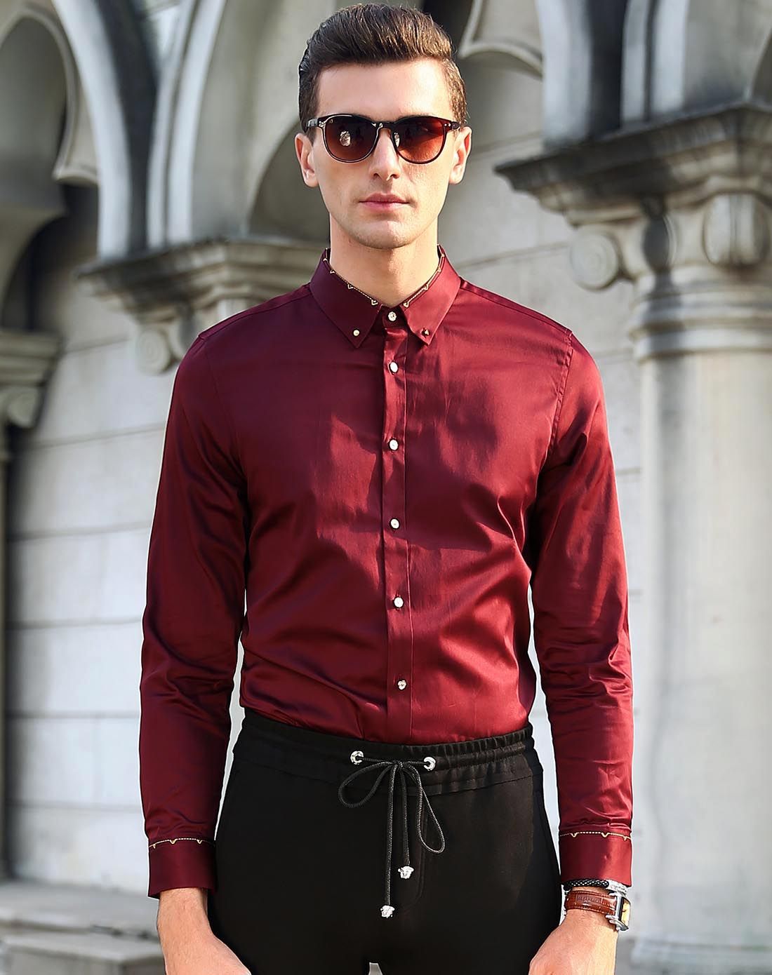 莫畏轻奢修身酒红色男士长袖衬衫
