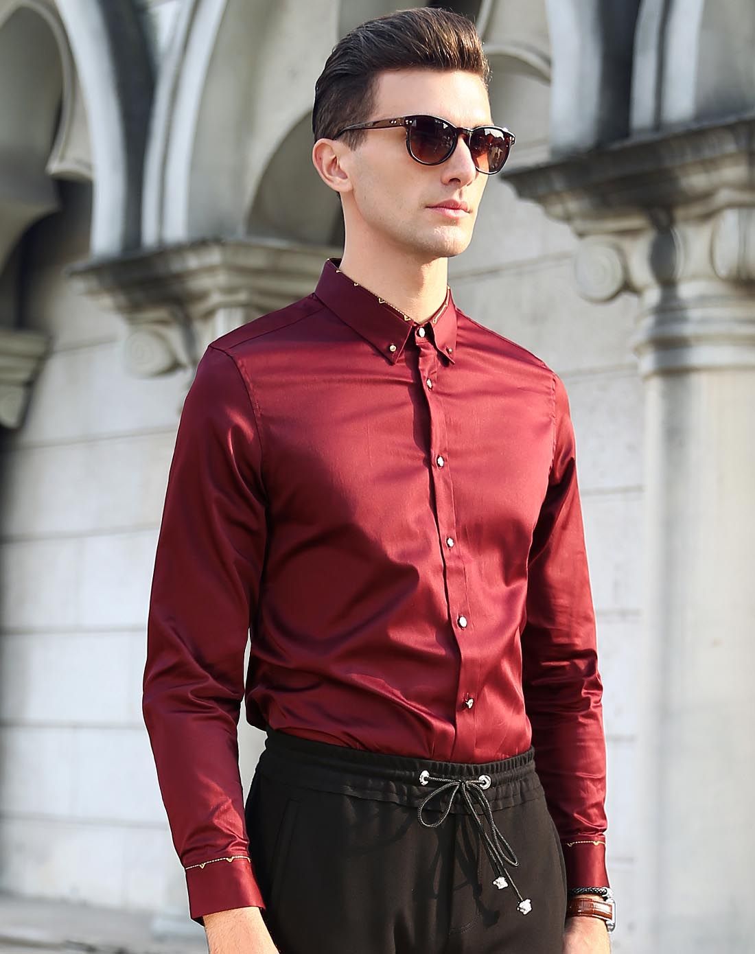 莫畏轻奢修身酒红色男士长袖衬衫