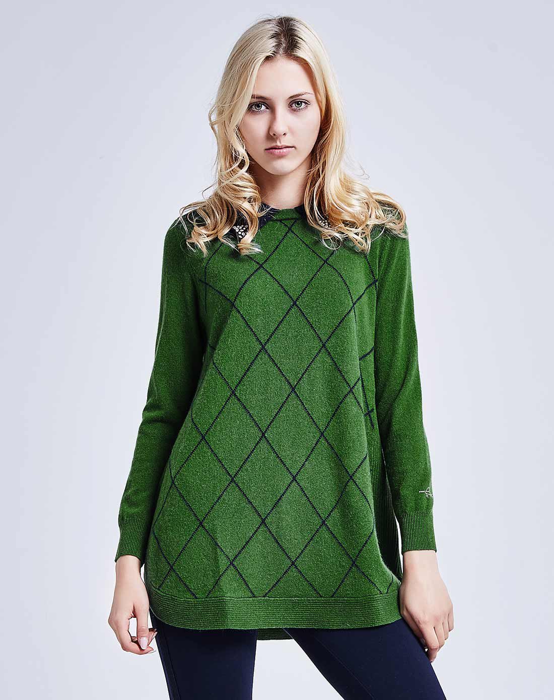 女款t恤领绿/藏青色长袖纯羊绒衫