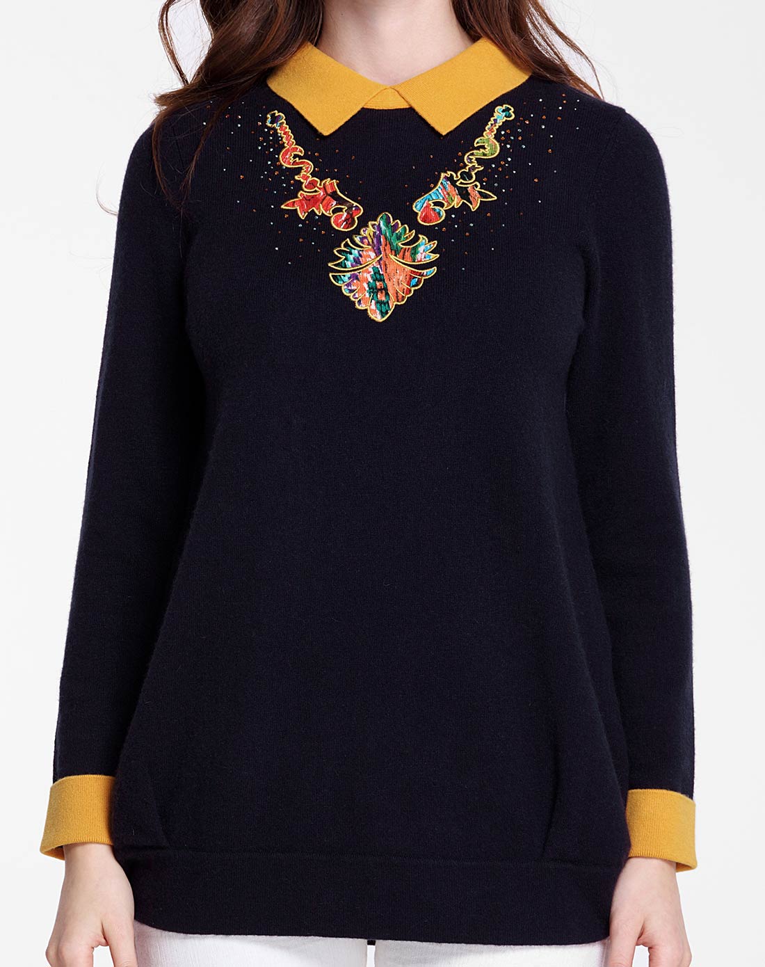 女款t恤领深藏青色长袖纯羊绒衫