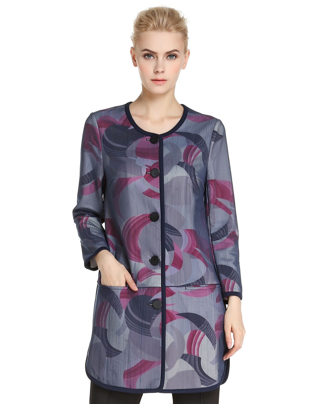 丹尼爱特daniel hechter女装专场 藏蓝/紫红色薄纱拼接印花长袖长款