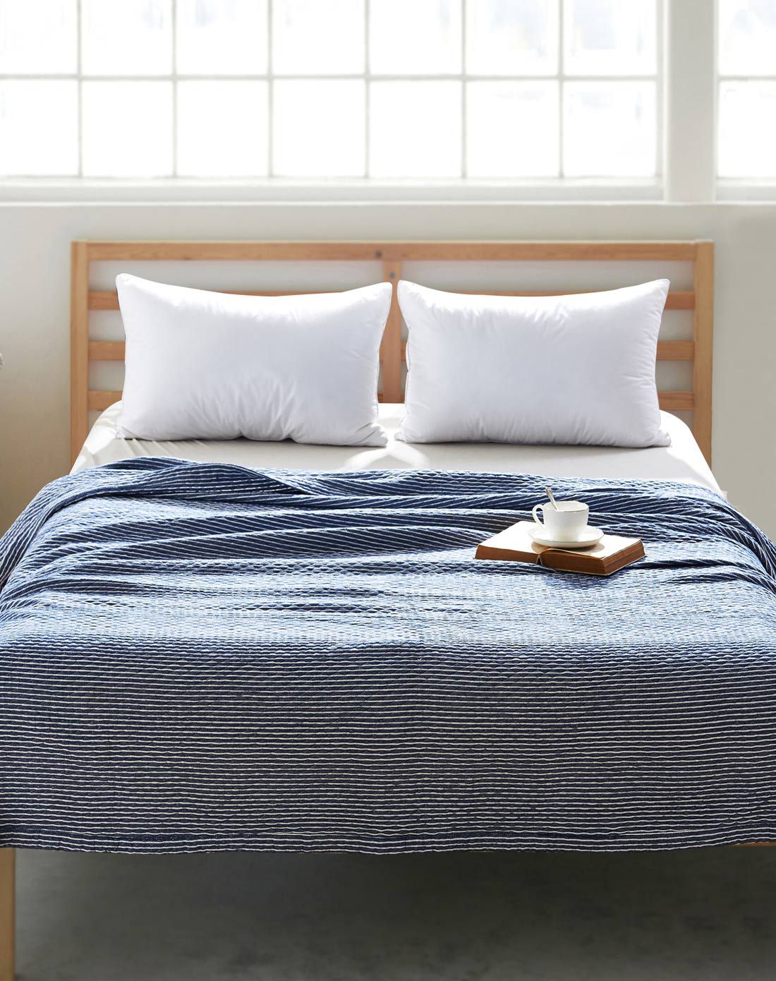 200*230cm梭织纯棉盖毯蓝细条