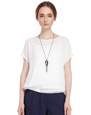 德桑白色时尚简约下摆收褶盖肩袖上衣