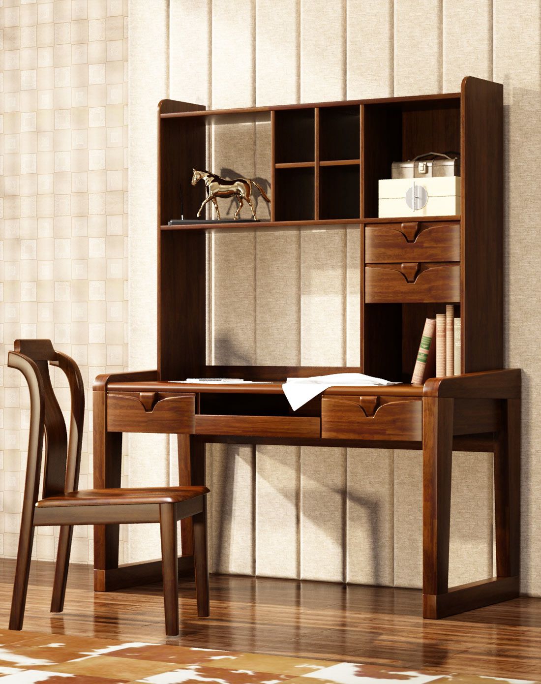 华日家居胡桃楸木实木字台 上架组合