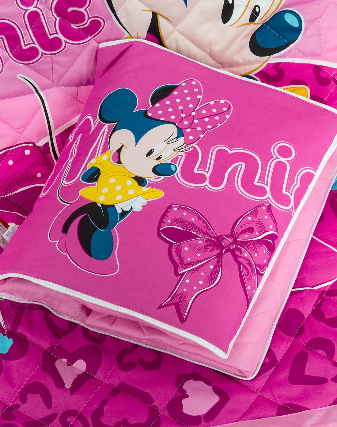 迪士尼粉色米妮蝴蝶结全棉印花靠垫被