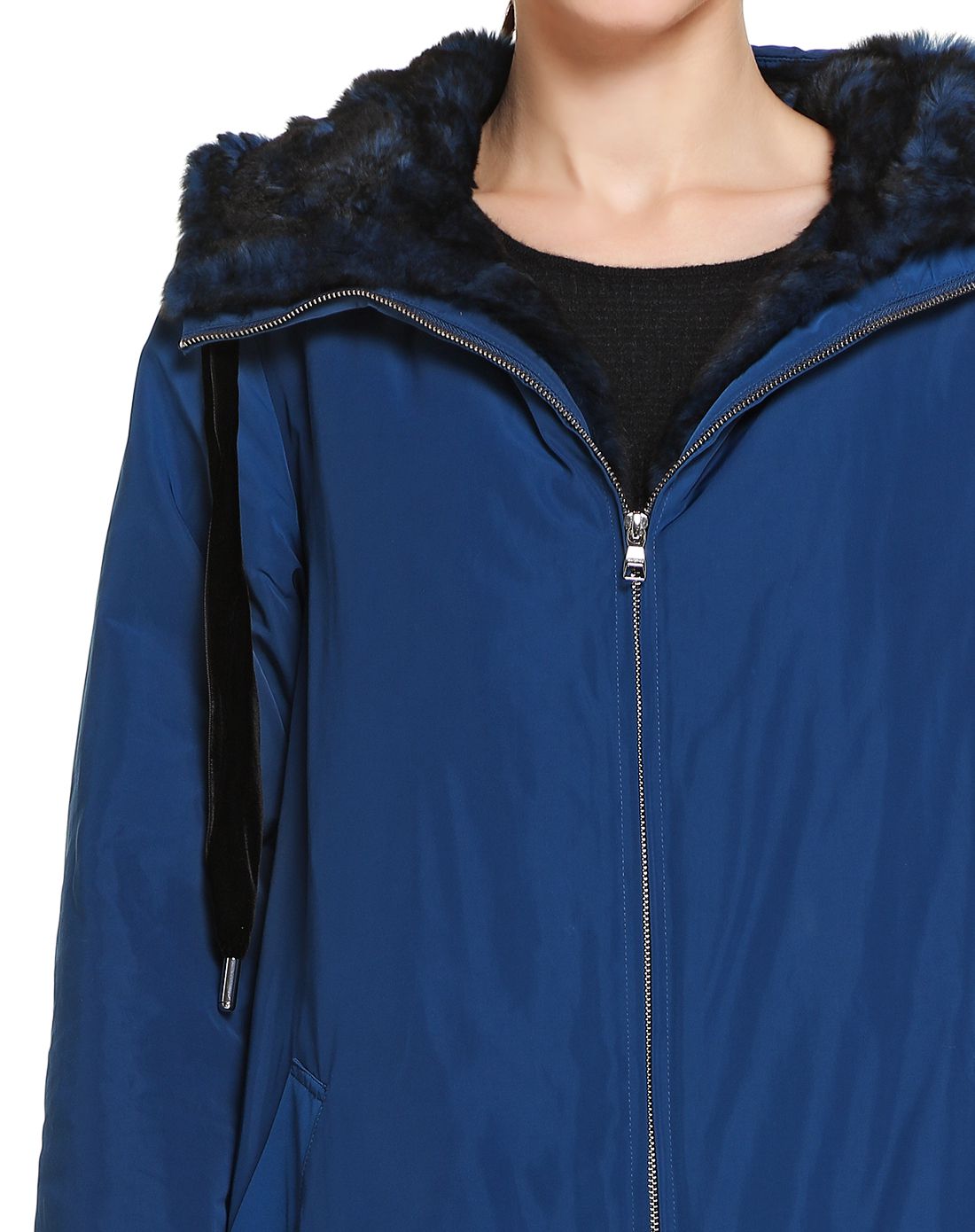 深蓝色连帽舒适长袖长款棉服