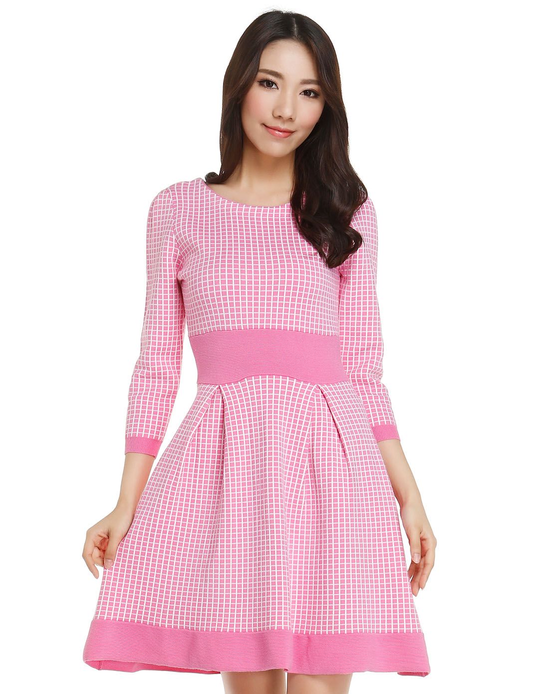 on&on & w. & coiincos女装混合专场 粉/白色格纹淑女针织连衣裙