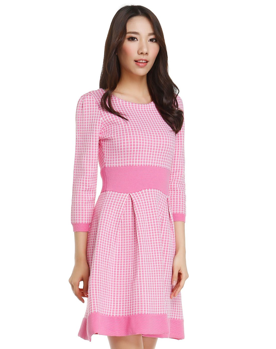 on&on & w. & coiincos女装混合专场 粉/白色格纹淑女针织连衣裙