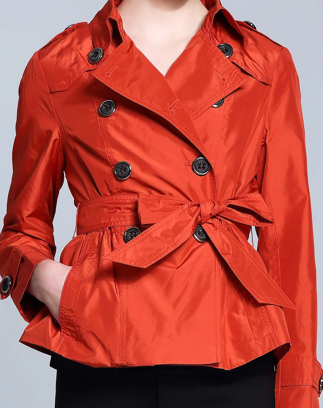 橙红色百搭简约时尚短风衣