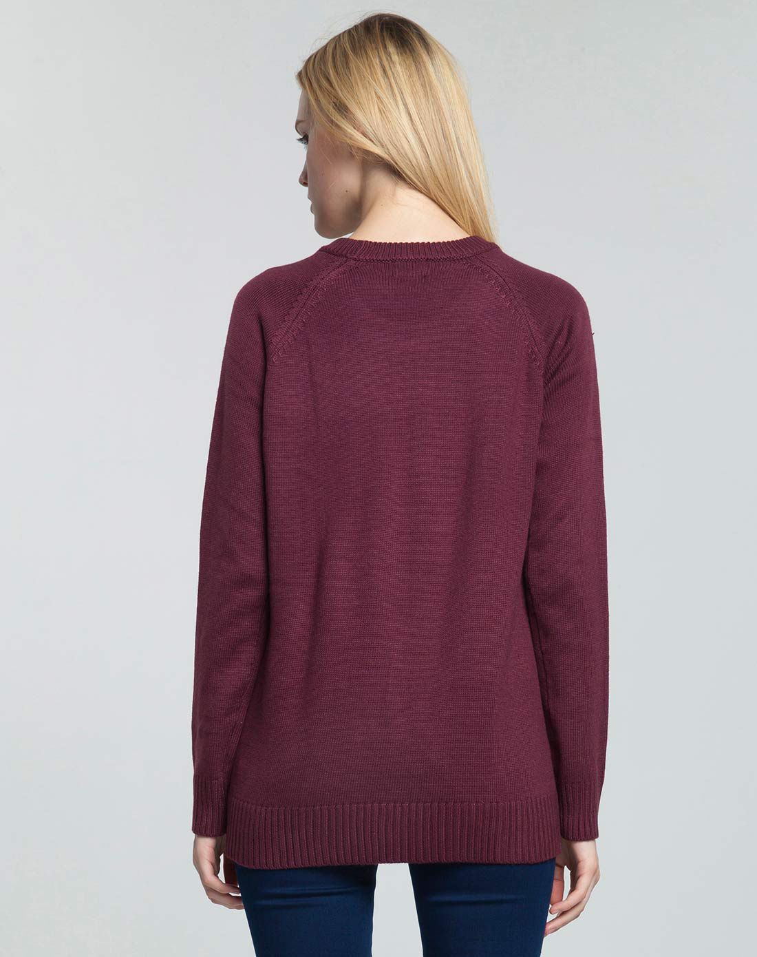 女士jackson深紫红色对称拉链设计宽松显瘦毛衣