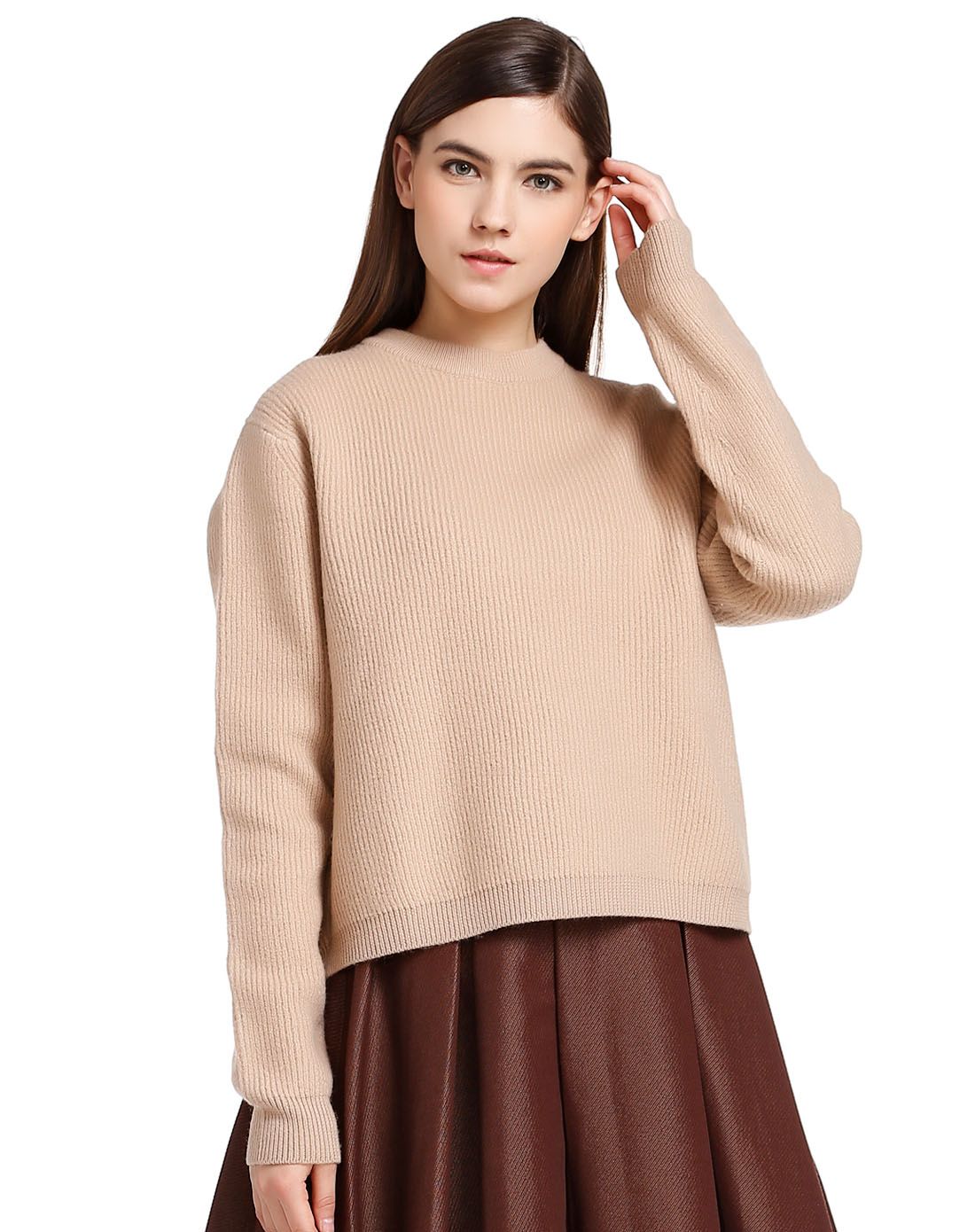 尖货清仓进行时-大牌服装底价疯抢浅杏色经典简约长袖羊毛衫0021