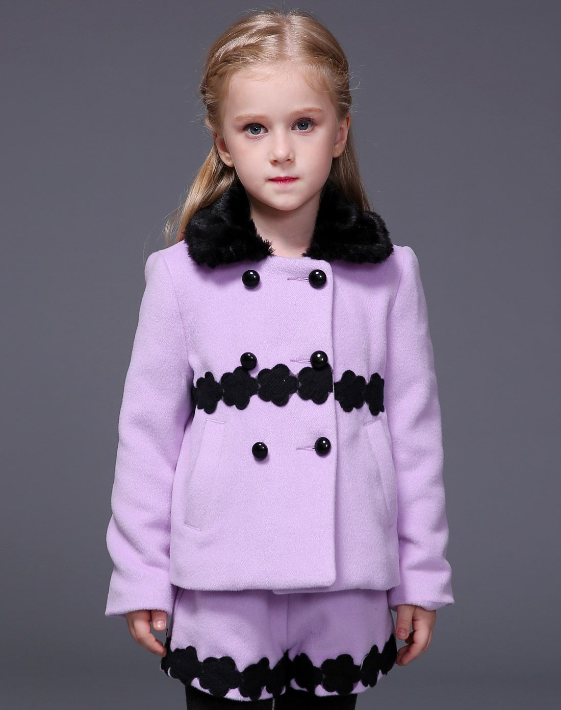 女童粉紫色呢子套装(上衣 短裤)