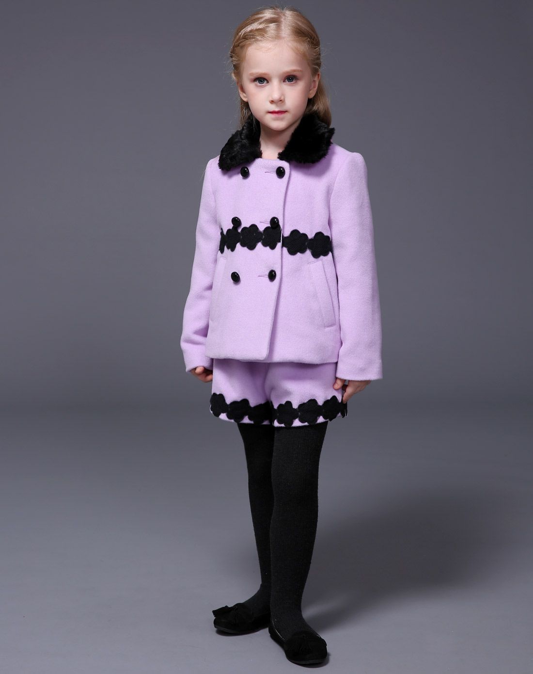 女童粉紫色呢子套装(上衣 短裤)