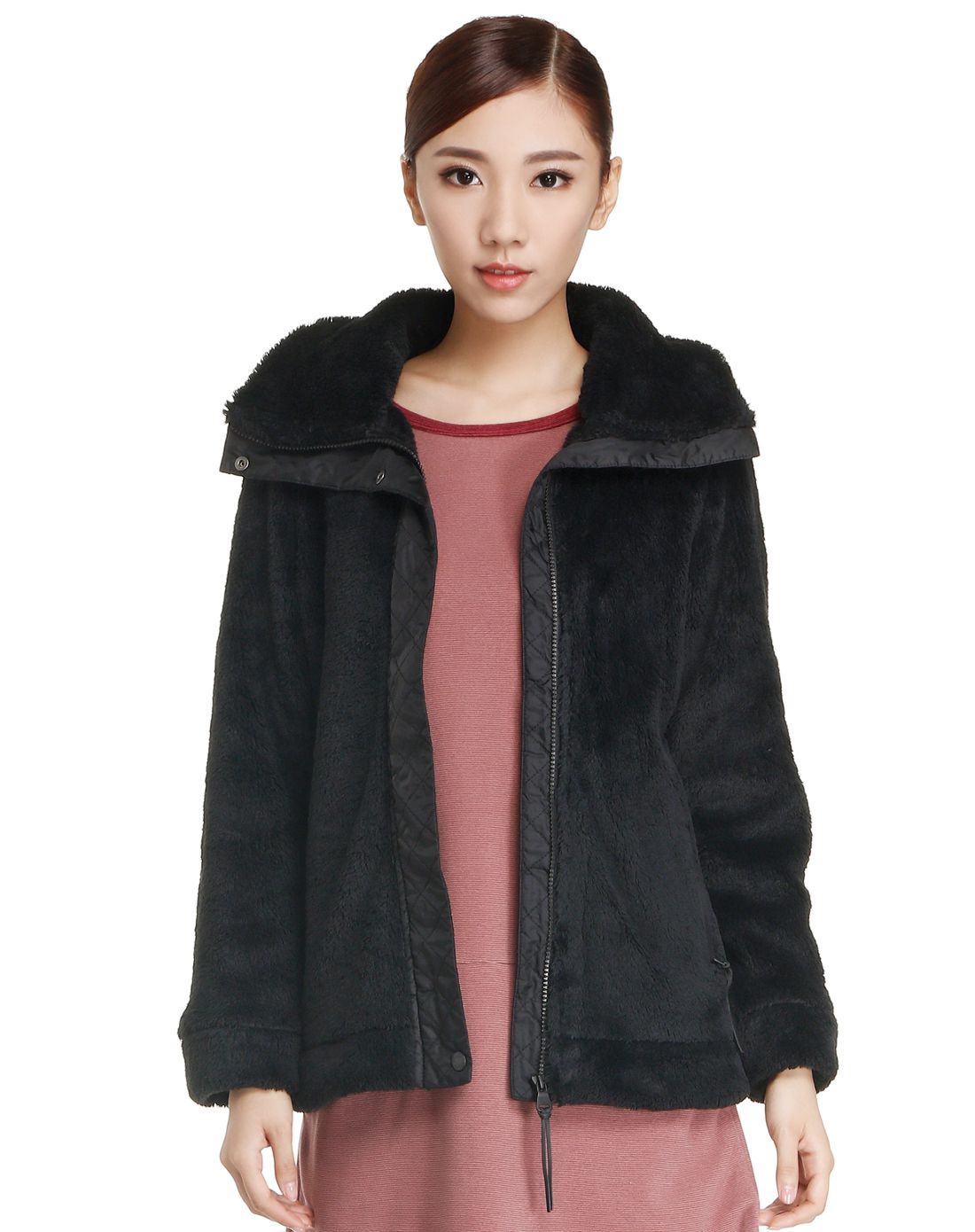 保暖柔软 女款黑色长袖抓绒外套