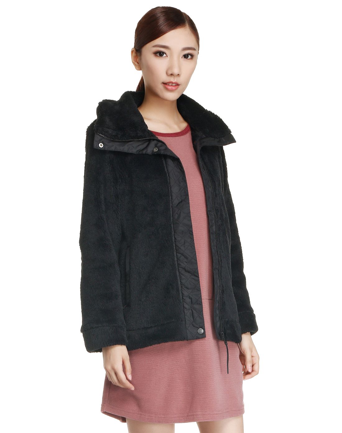 保暖柔软 女款黑色长袖抓绒外套