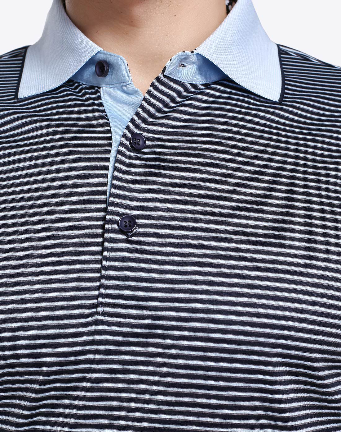 藏青色条纹丝光棉高档时尚短袖t恤