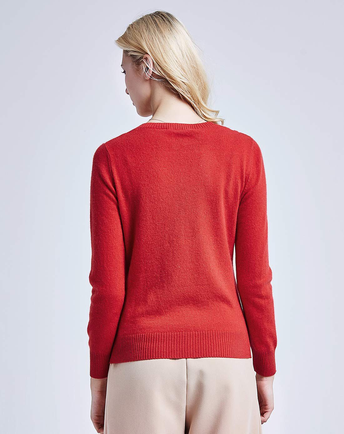 女款圆领橙红色长袖羊绒衫