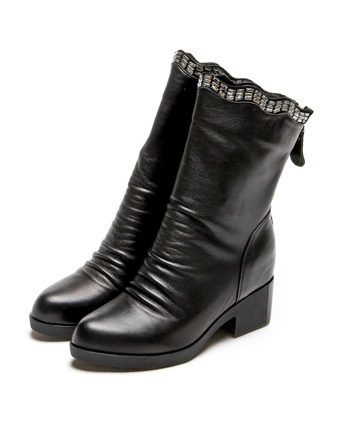 talia黑色牛皮鞋口闪钻装饰褶皱处理女士中靴14981201501