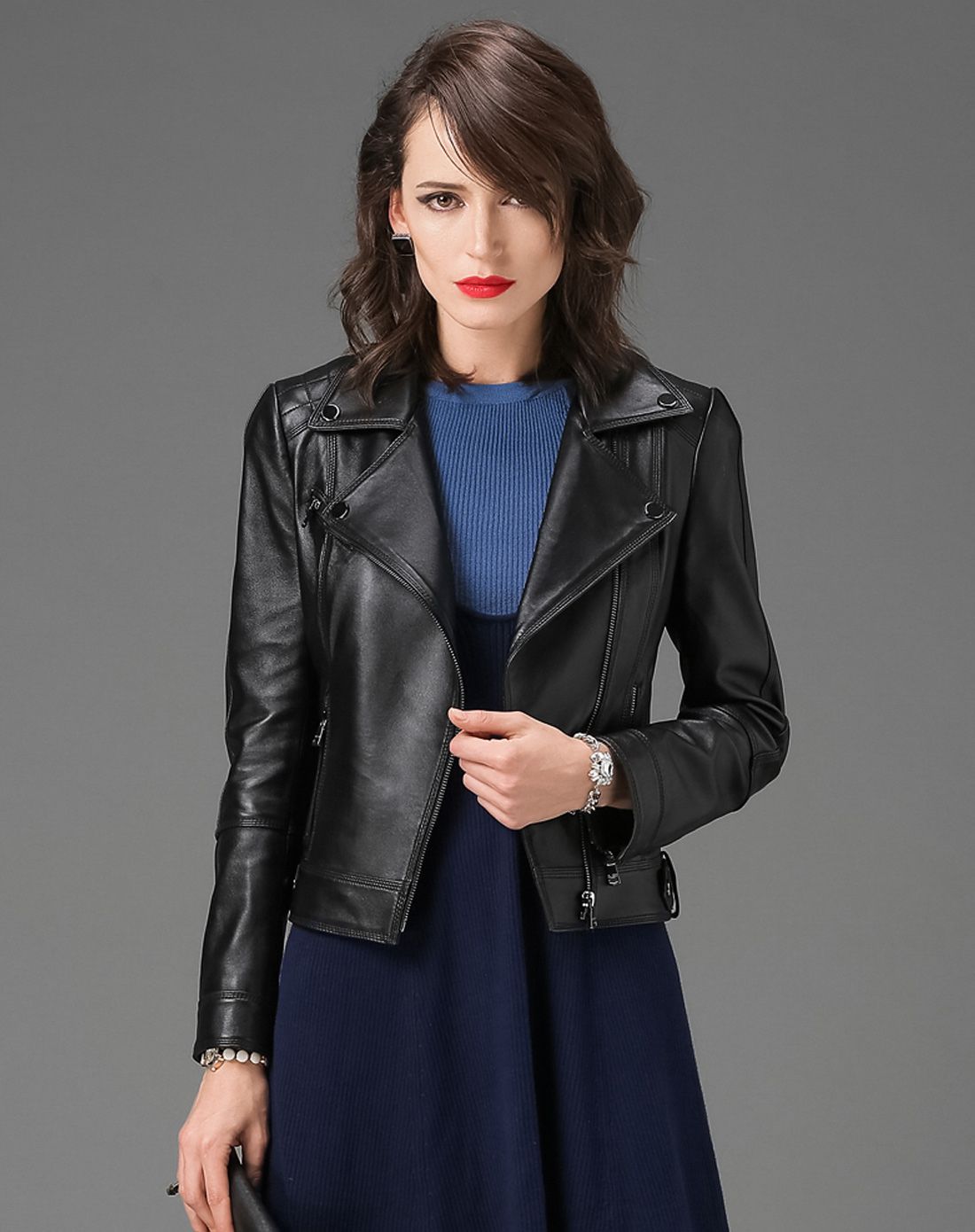 女装黑色帅气机车风绵羊皮夹克