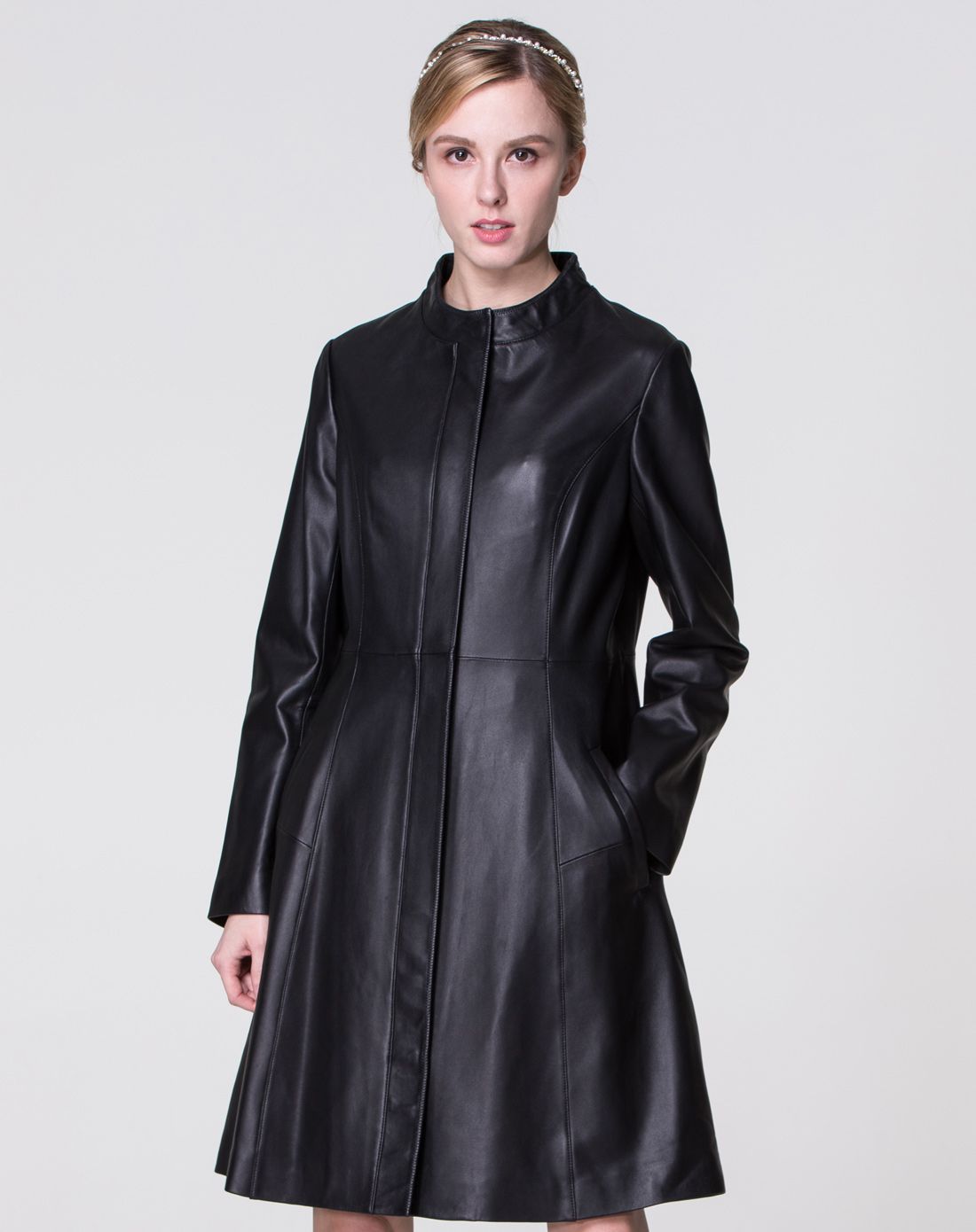 女款黑色典雅知性长袖绵羊皮大衣