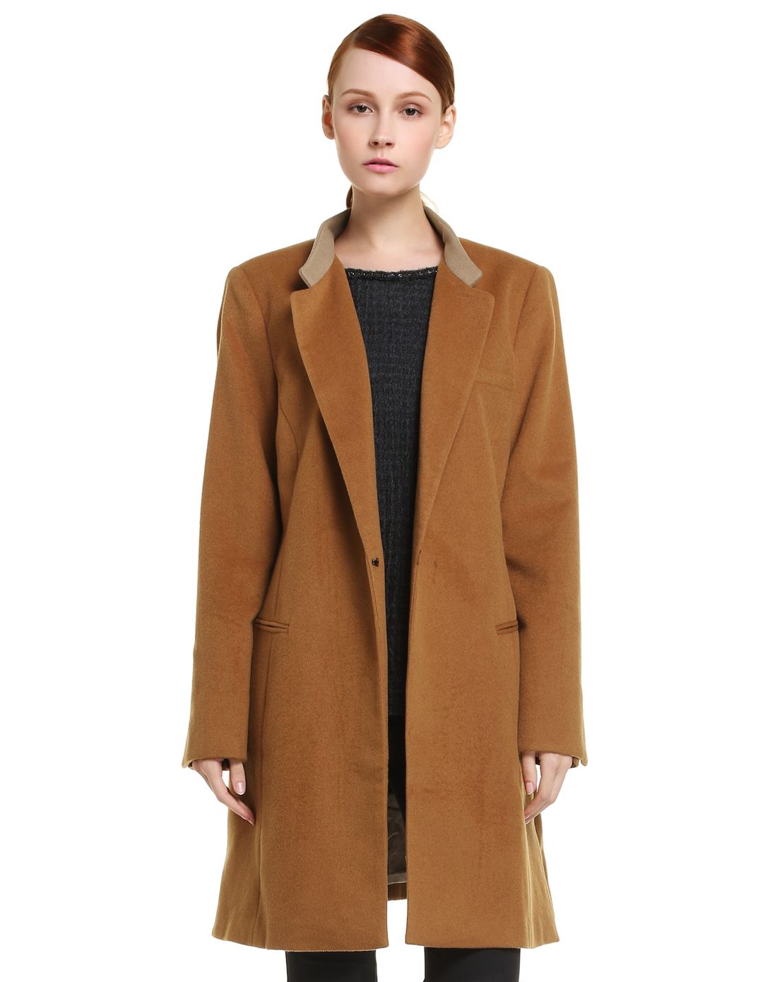 橙棕色简约大方长款长袖大衣