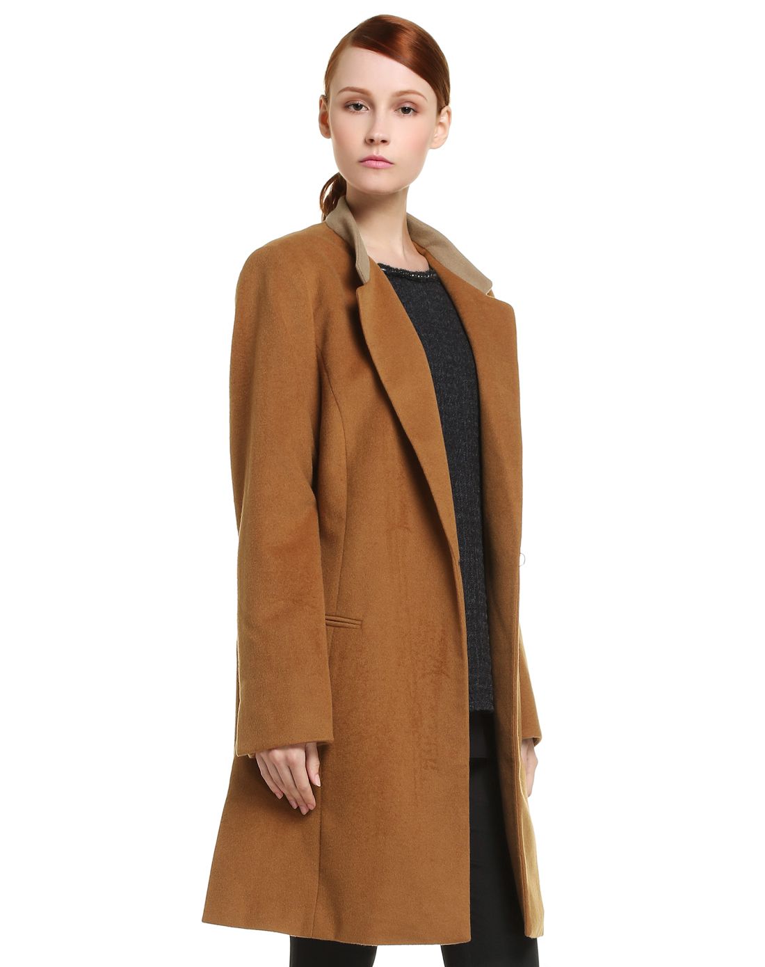 橙棕色简约大方长款长袖大衣