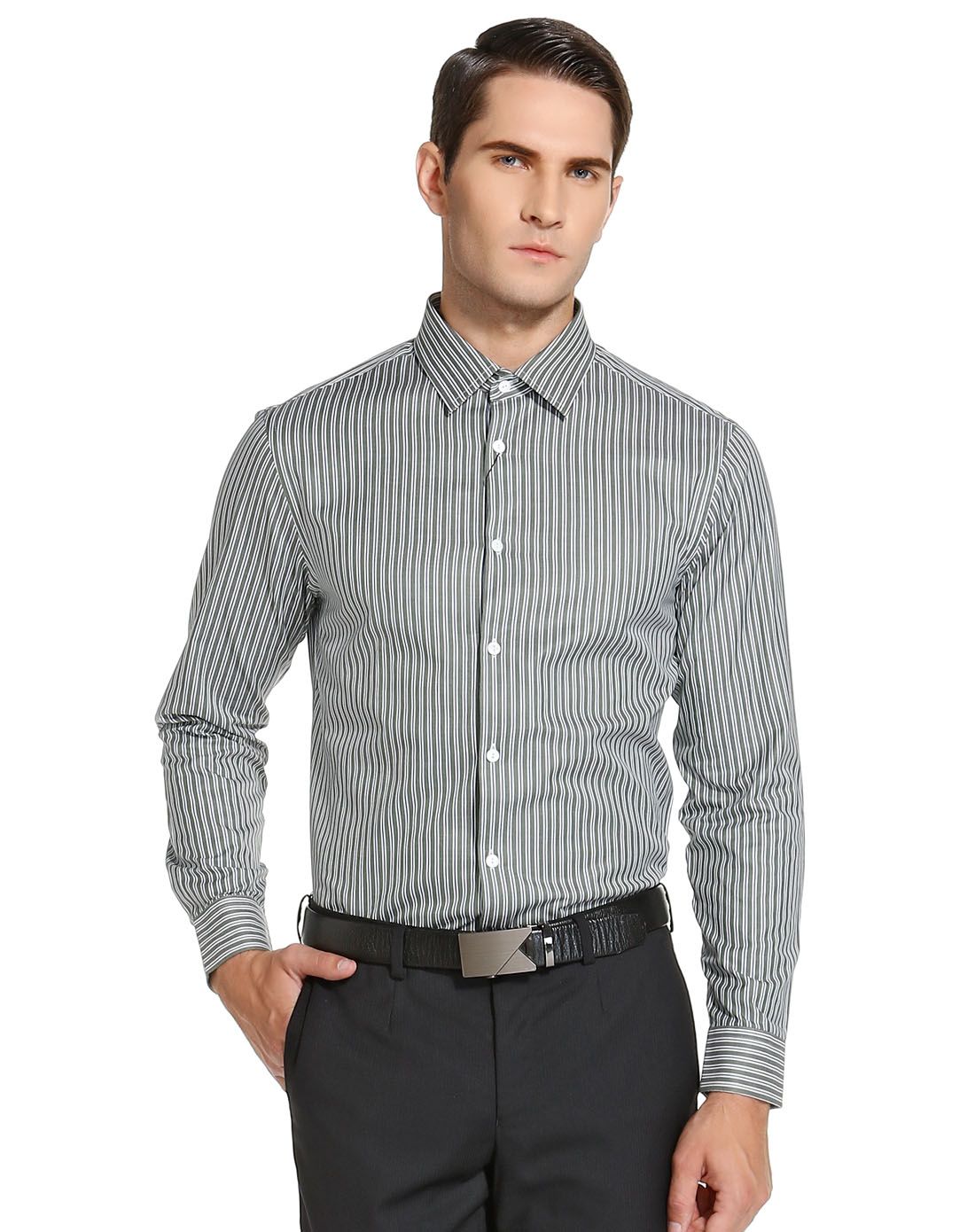 威斯康尼vskonne绿色条纹休闲长袖衬衫913822718501_唯品会