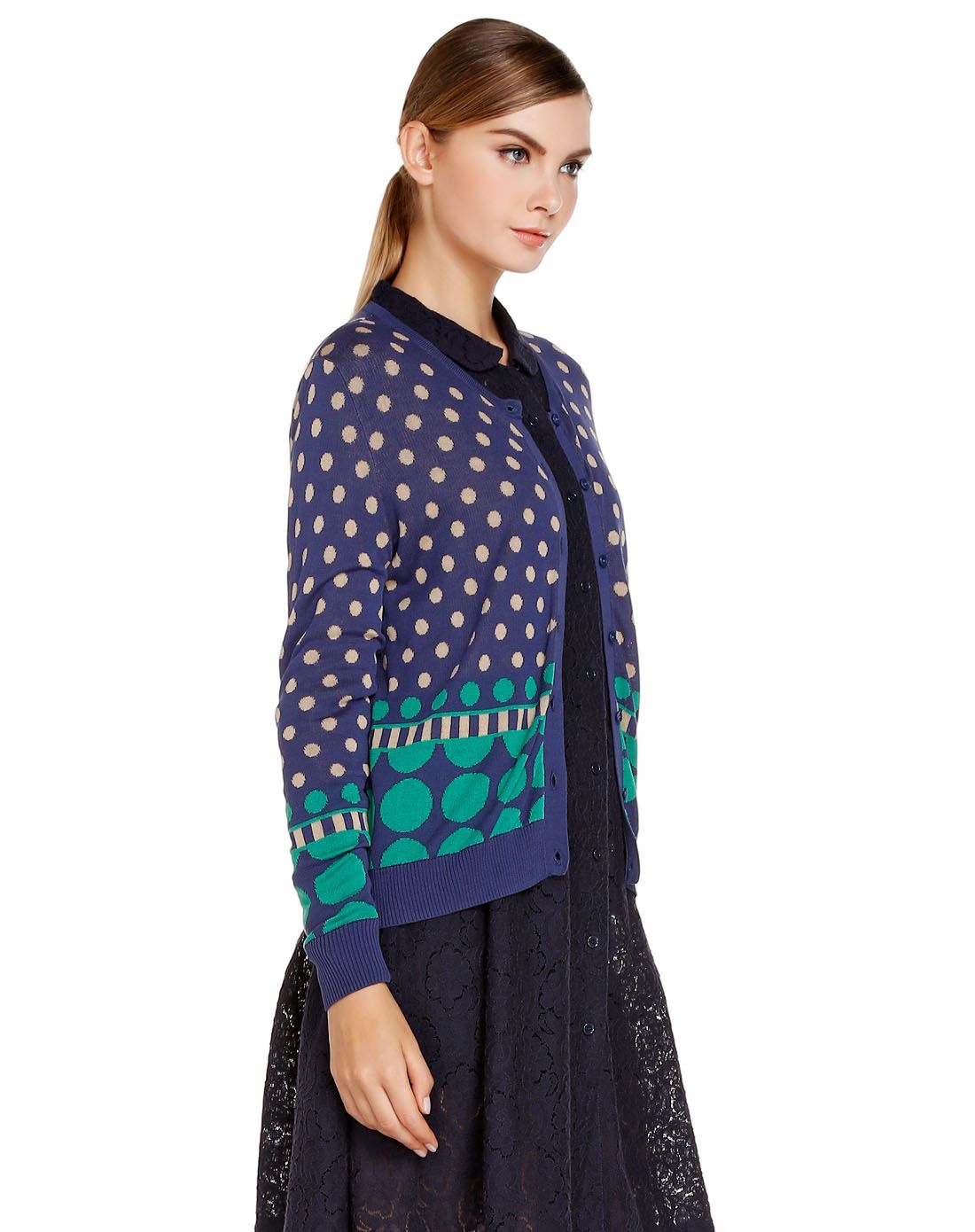 藏青/绿色圆点休闲开襟长袖针织衫