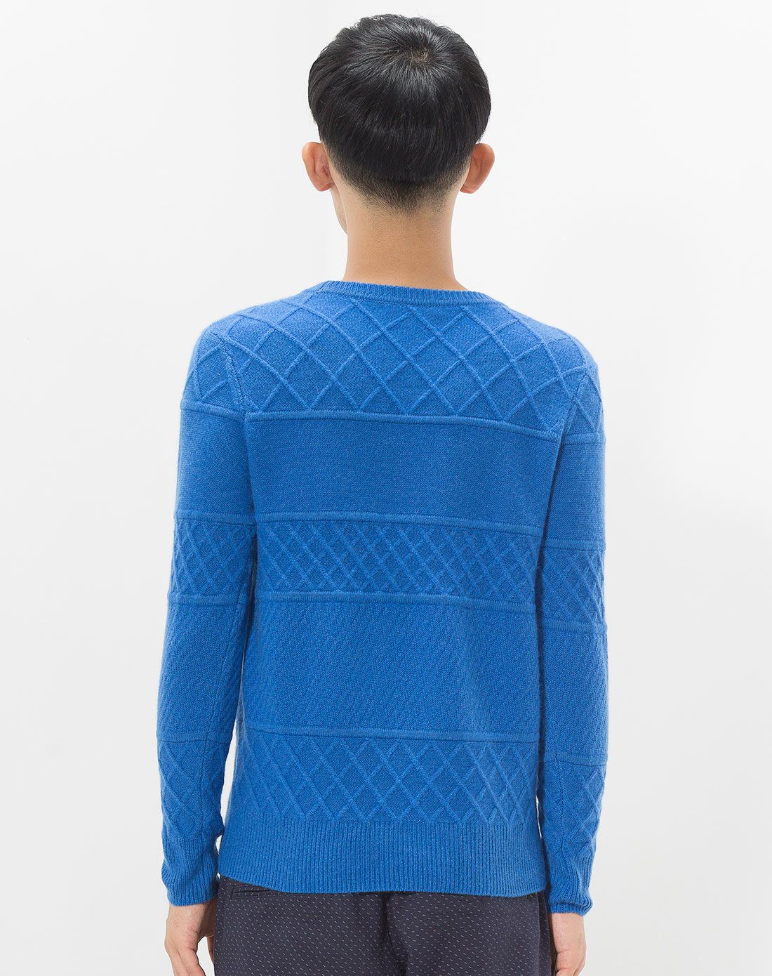 勒夫蓝纯山羊绒加厚圆领绞花男套衫