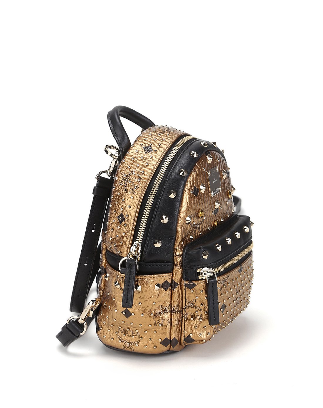 mcm女款铆钉装饰牛皮迷你双肩包金色
