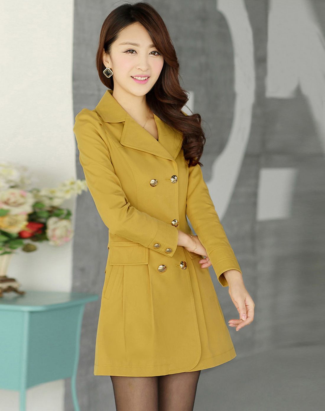 黄色中长款气质淑女风衣