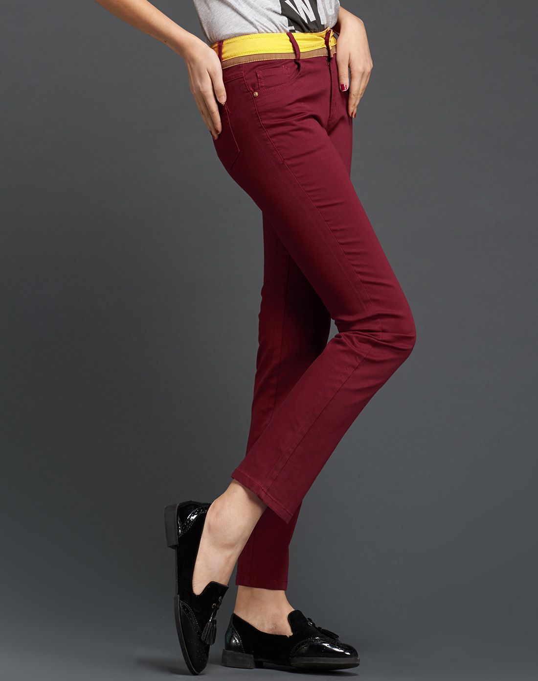 暗红色水洗棉小直筒裤