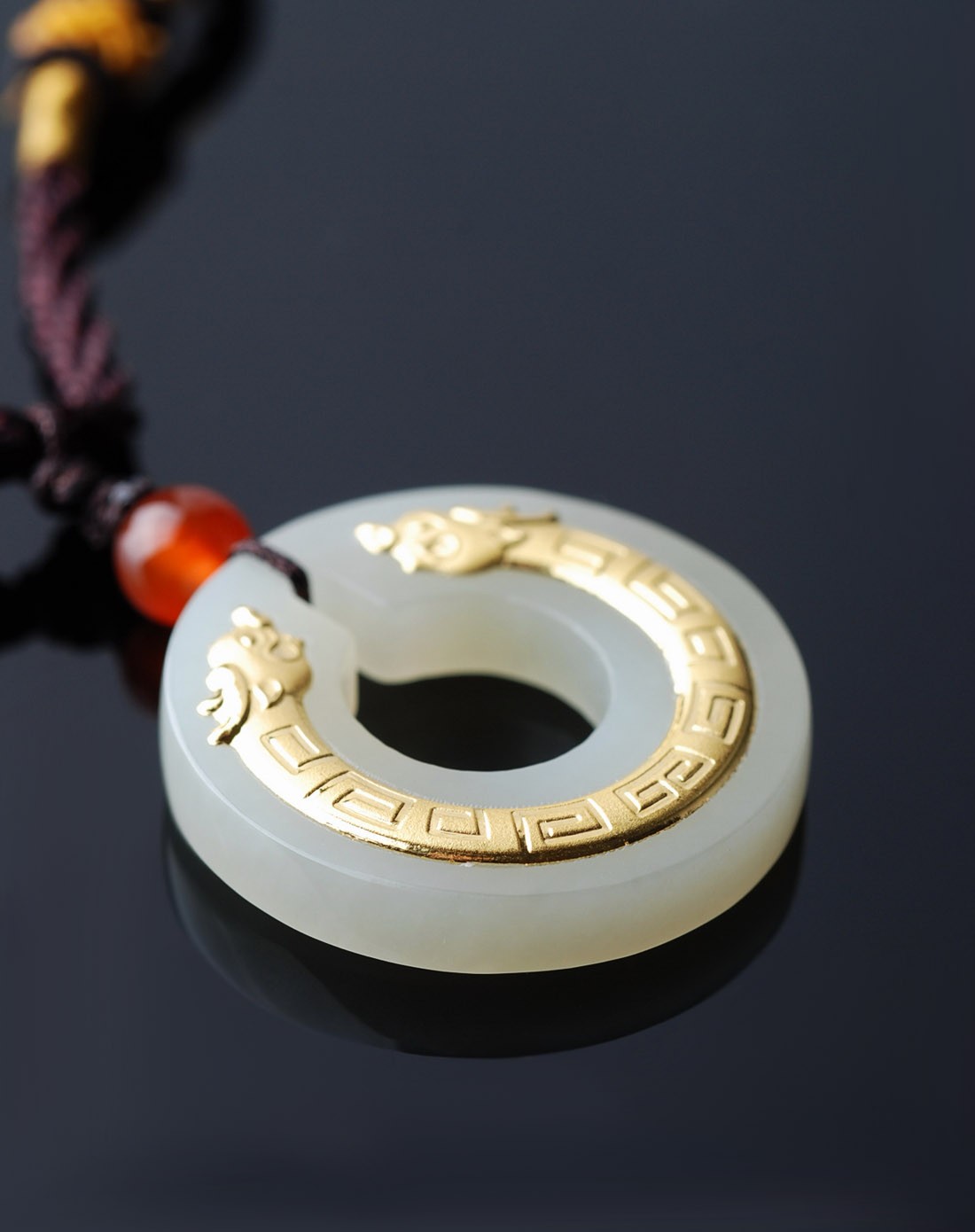 和田玉镶千足金龙平安扣吊坠(附证书)