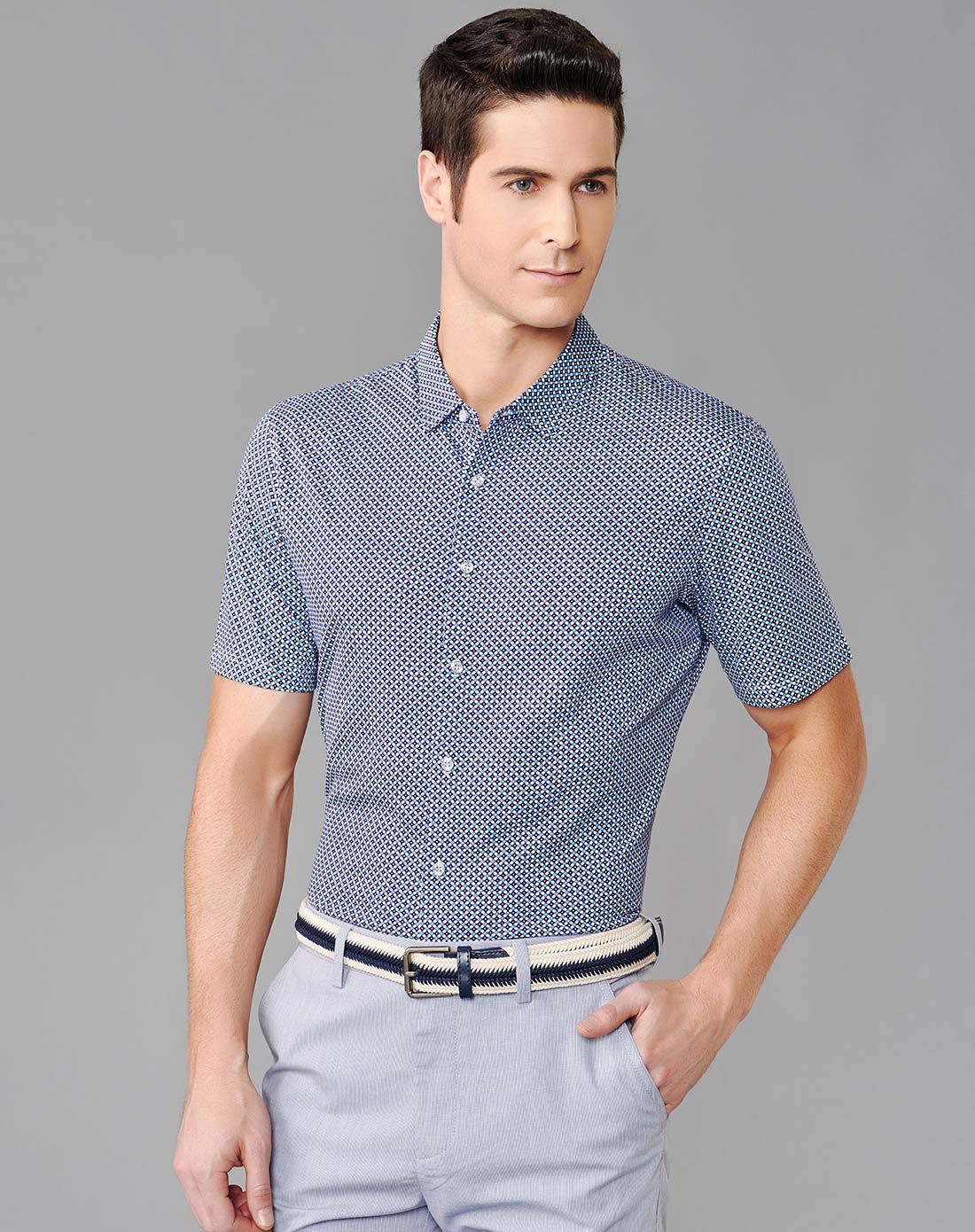 蓝点黑花修身商务衬衫款短袖t恤