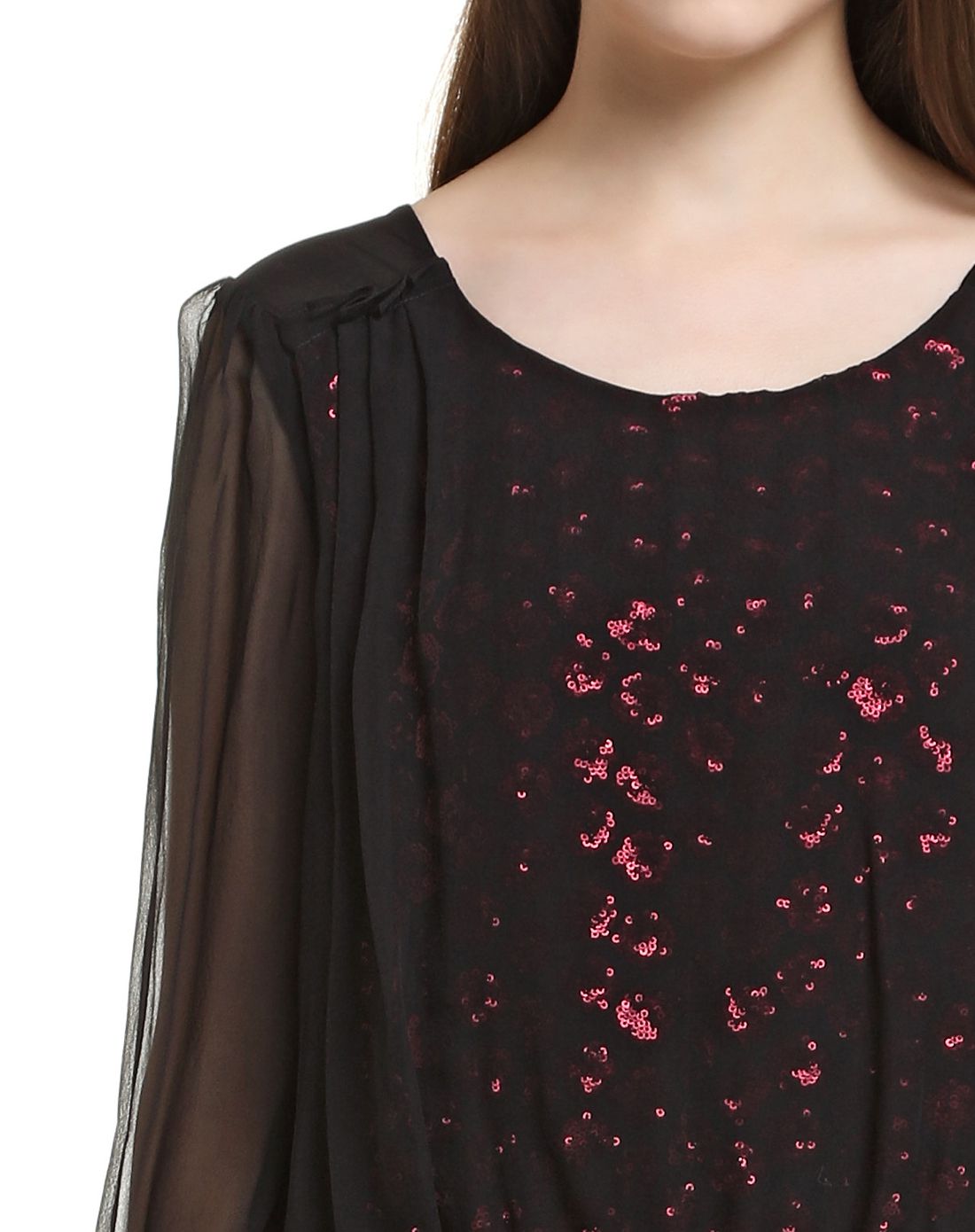 黑/酒红色时尚性感亮片长袖上衣