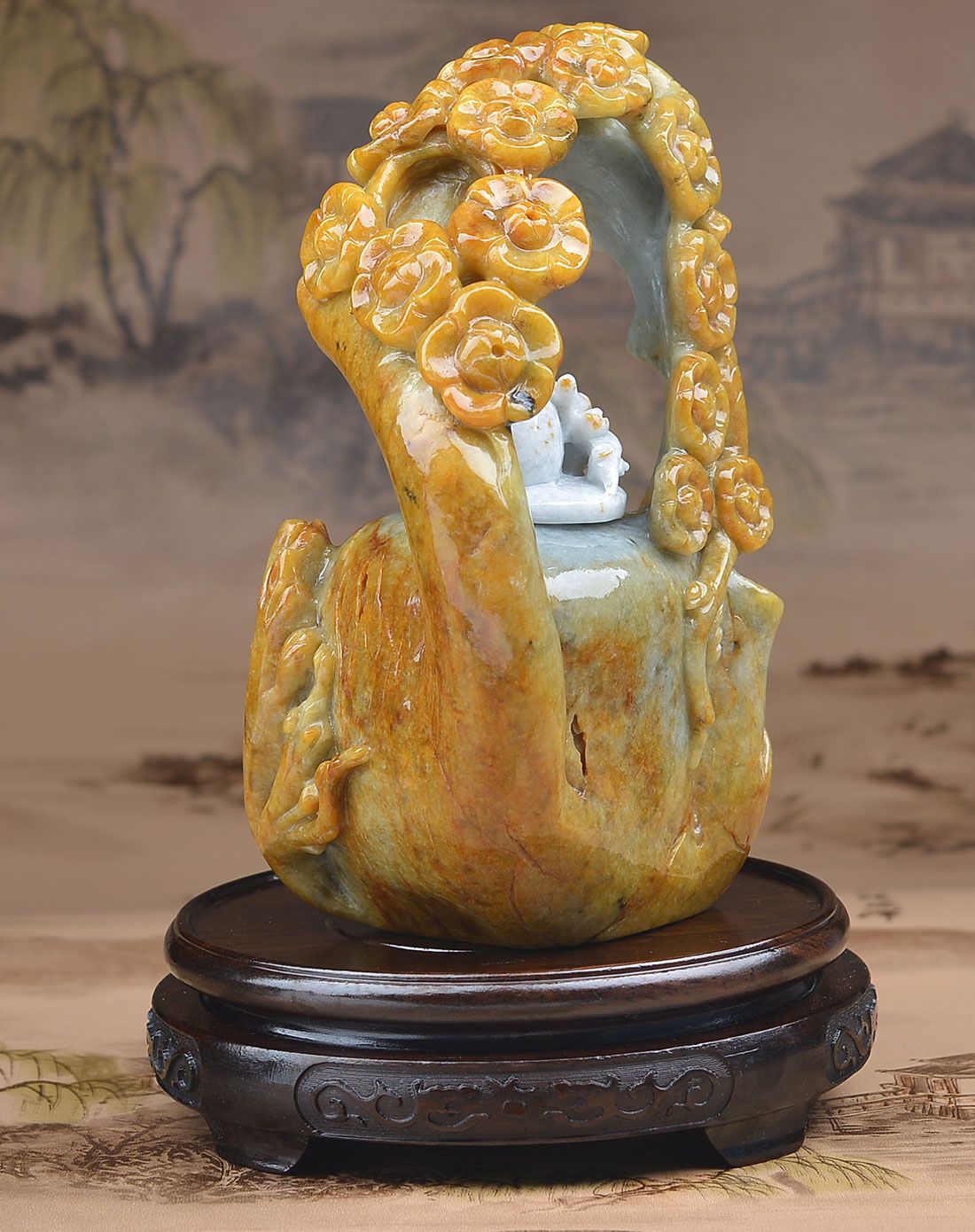 亿珍阁 豆种黄翡飘花枯木逢春茶壶翡翠摆件(附证书)