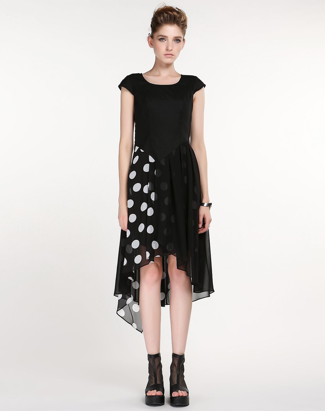 纳帕佳lapargay女装专场 纳帕佳 欧美圆领拼接波点中长款夏季连衣裙