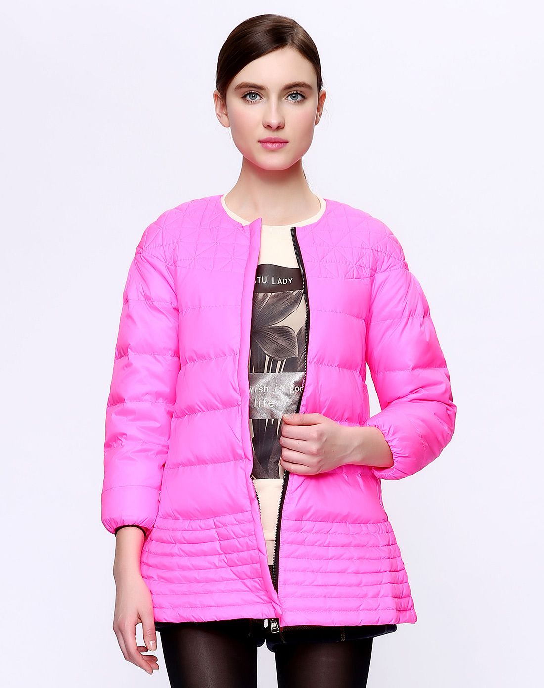 荧光粉简约伞型圆领羽绒服