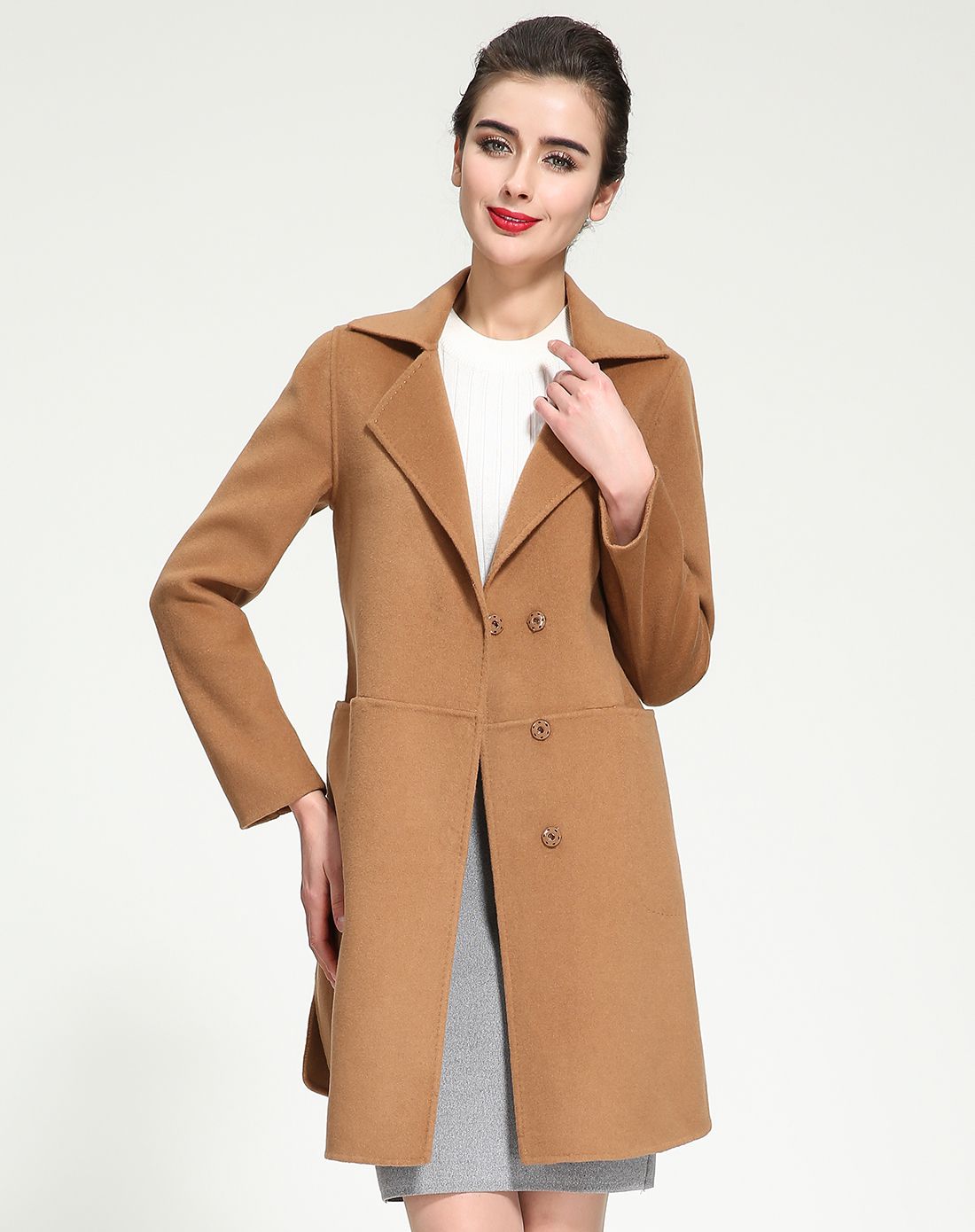 驼色女式双面呢大衣