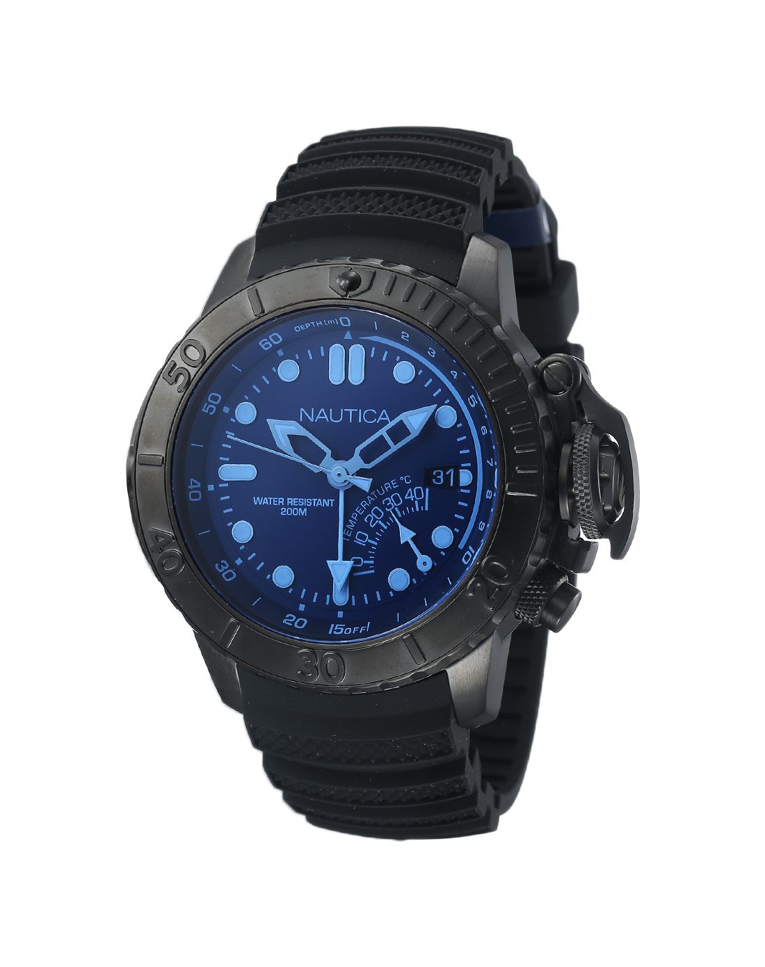 防水腕表 nautica诺帝卡nautica男款黑色硅胶表带军事式潜水手表nai5