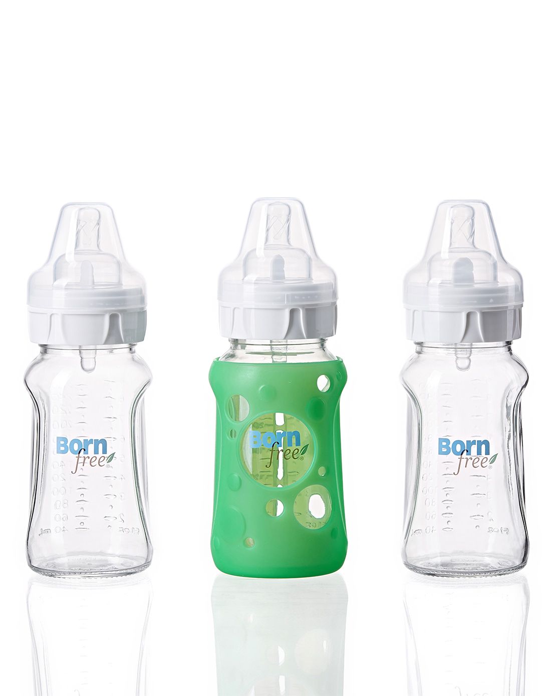> bornfree婴儿宽口玻璃奶瓶奶嘴防胀气9oz/260ml 3只装(含硅胶套)