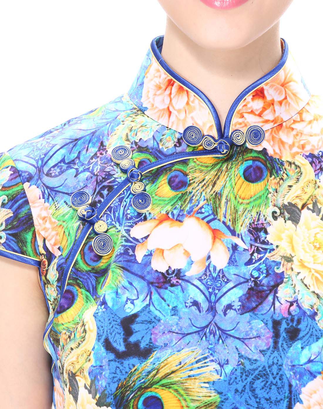 女款蓝色印花真丝旗袍