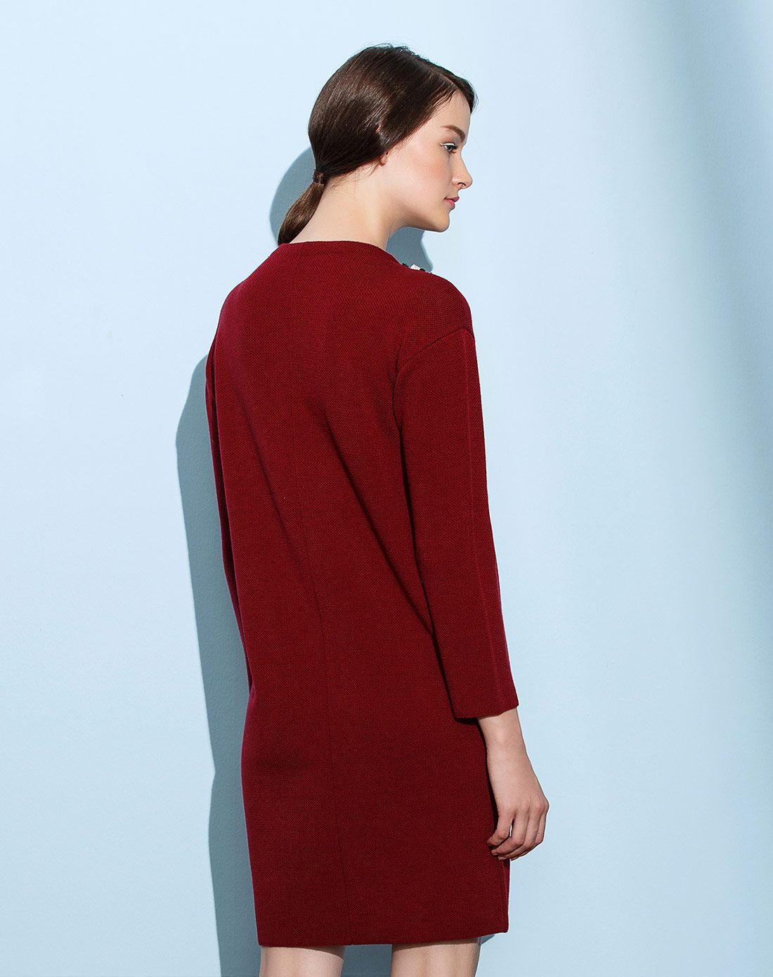深酒红色时尚百搭长袖针织连衣裙