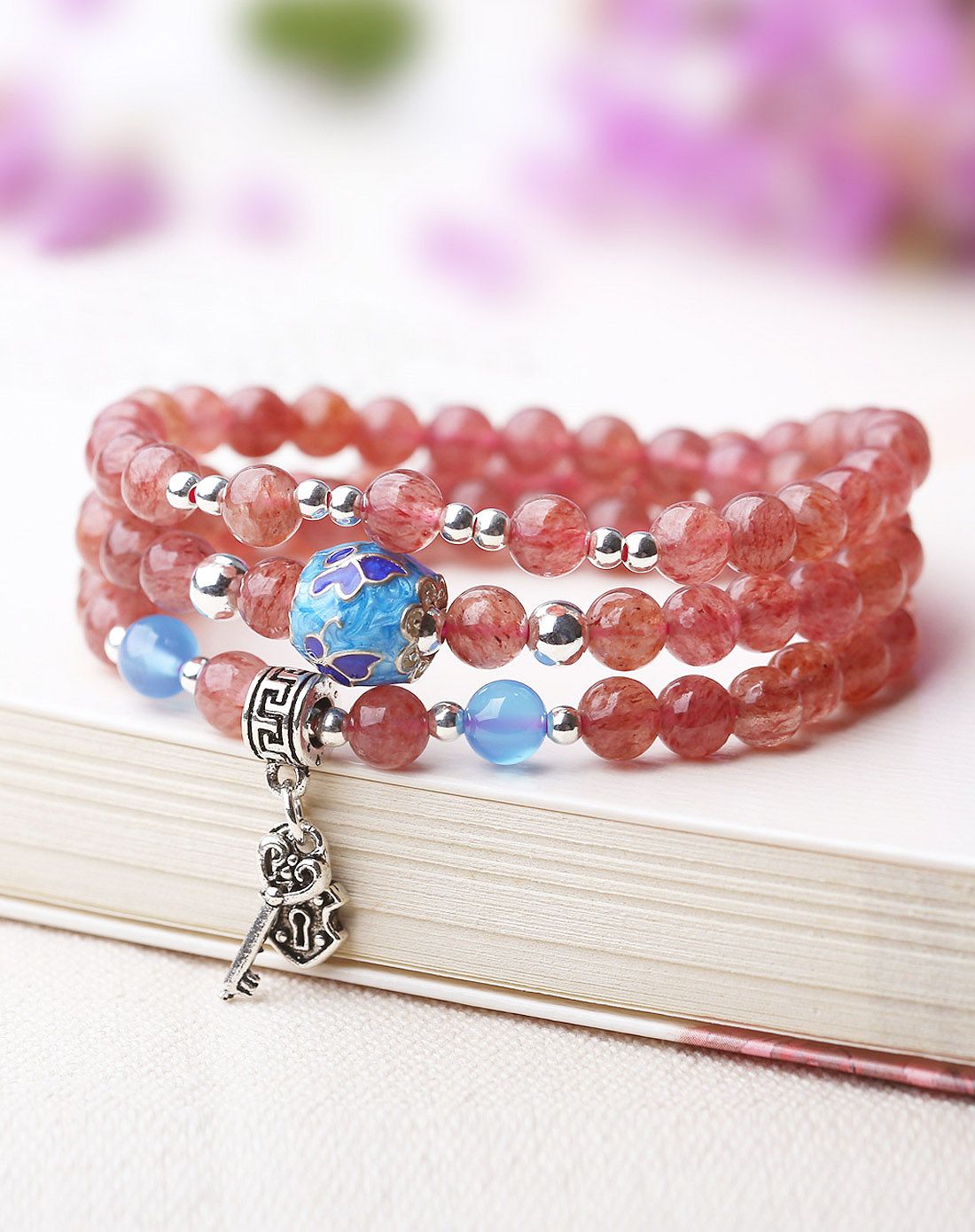 天然3a草莓晶925银配蓝玛瑙三圈手链附证书