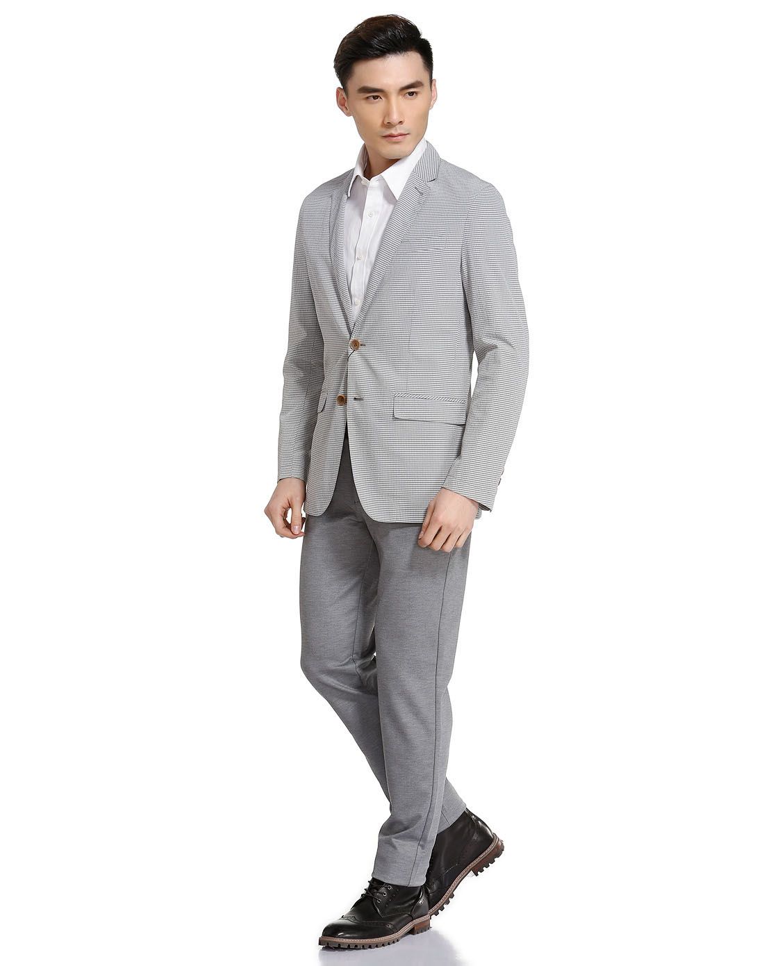 灰/白色都市商务翻领长袖休闲西服