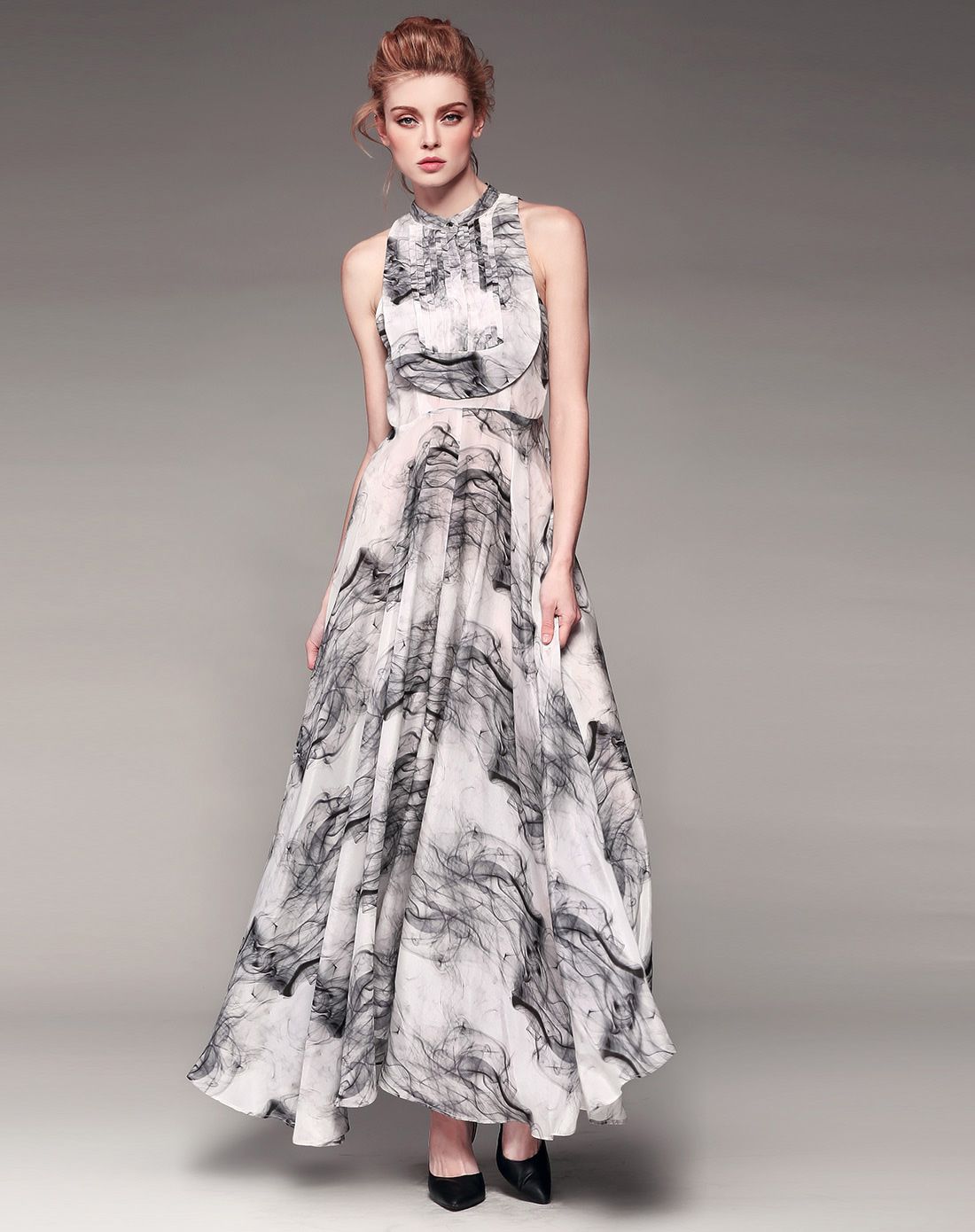 白色水墨画印花桑蚕丝连衣裙