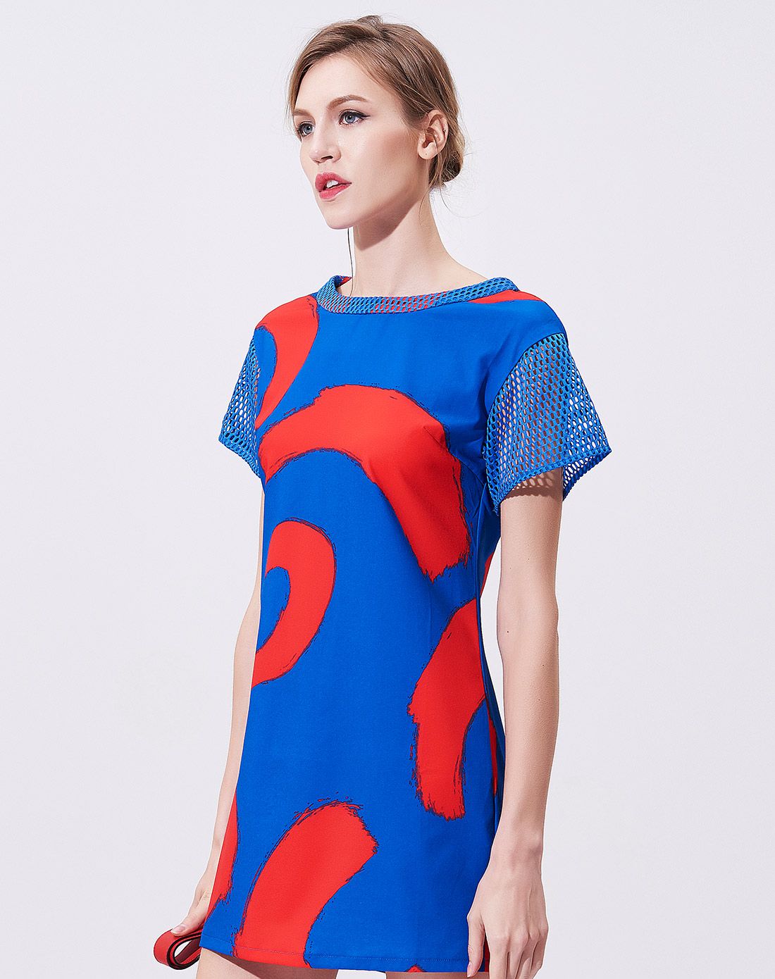 cendile真丝女装专场 蓝色时尚逗号印花塑腰连衣裙